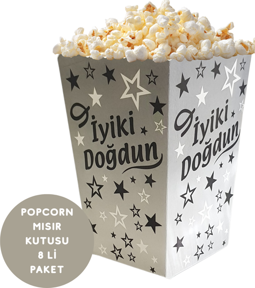 İyiki Doğdun Temalı Gümüş Siyah Yıldızlı Popcorn Mısır Kutusu 8 li Paket