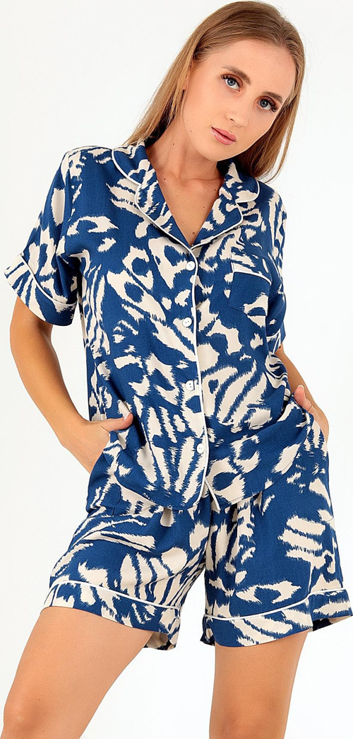 Blue Patterned Kısa Kollu Kadın Şortlu Pijama Takım