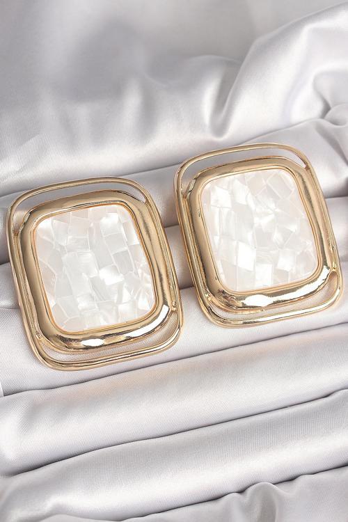 Zarif Kulaklar için Golden Pirinç Beyaz Mineli Kare Kadın Küpe