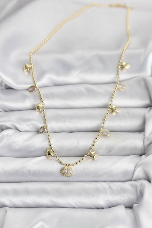 Zarif Boyunlar için Golden Pirinç Zirkonlu Deniz Kabuğu Kadın Kolye