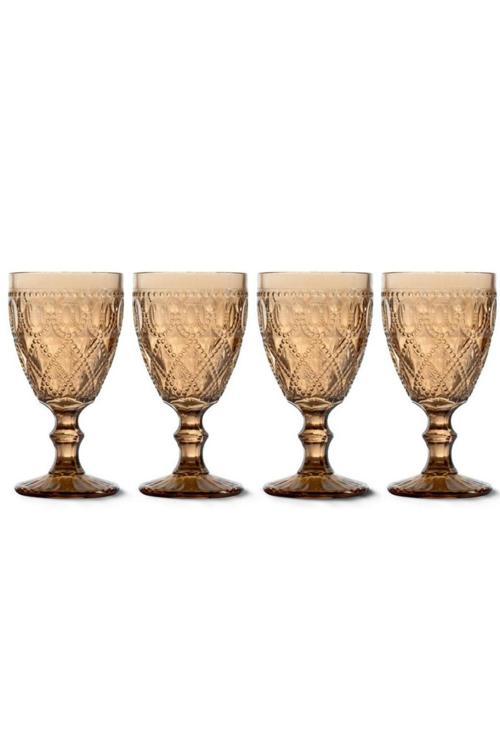 Rölyef Süslemeli 4 lü Cam Kadeh Seti Amber - 400 ml