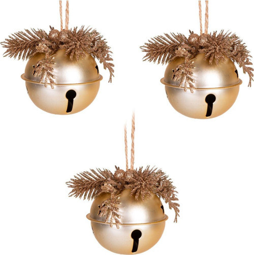Yılbaşı Ağaç Süsü Çıngıraklı Yılbaşı Topu 3lü Set Simli Berry Süslü Gold 8cm