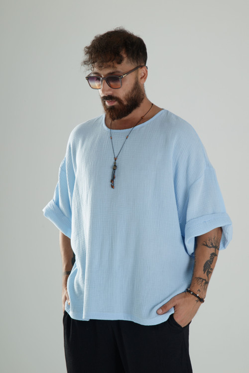 Mavi Müslin Kumaş Oversize Fakir Kol T-Shirt COC1101