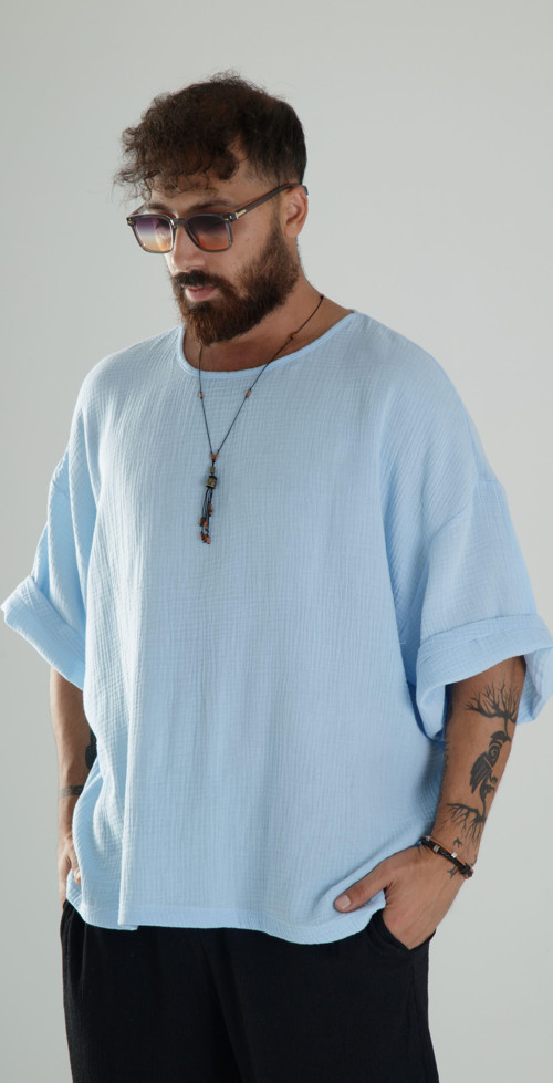 Mavi Müslin Kumaş Oversize Fakir Kol T-Shirt COC1101
