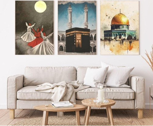 Minimalist Bohem Kasnaklı 3'Lü Set Kanvas Tablo Soyut Modern