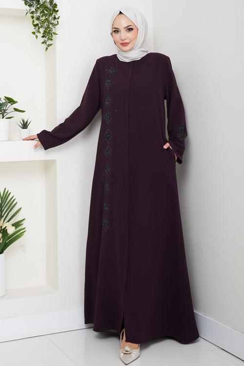 Deri İşlemeli Ferace Mürdüm HM2849