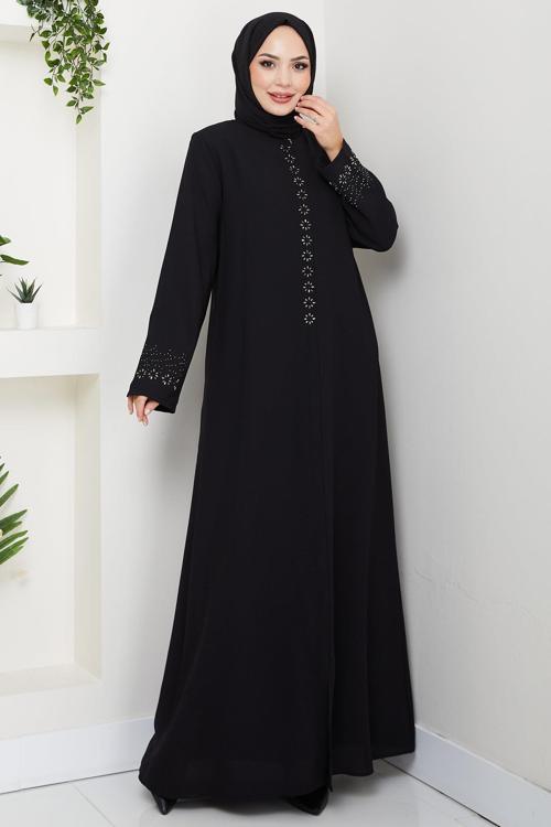 Gizli Patlı Çiçek Taşlı Ferace Siyah HM2859