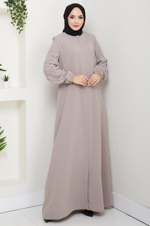 Kolları Taşlı Büyük Beden Ferace Bej HM2801