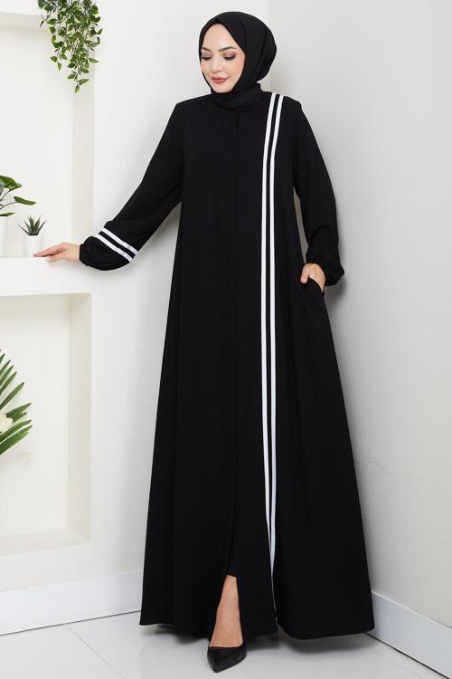 Şerit Detaylı Ferace Siyah HM2846