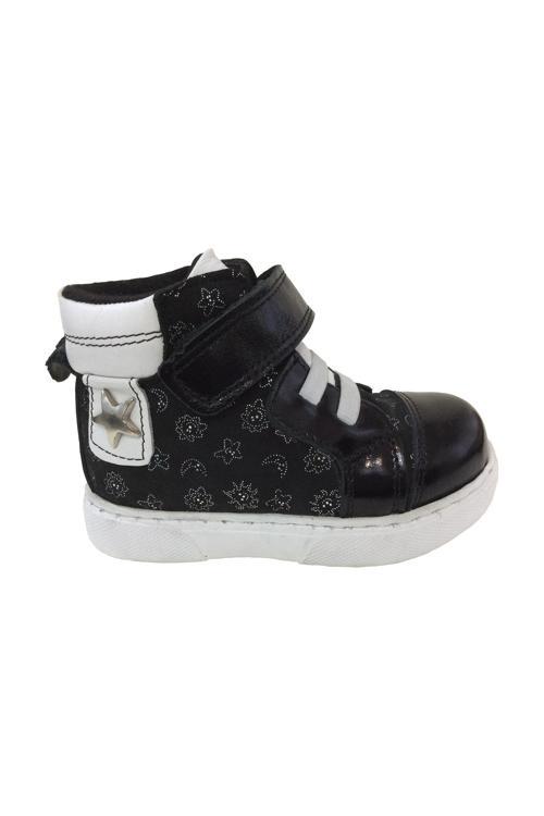 1001 Ridente Siyah Baskılı Bebe Kız Çocuk Bot % 100 DERİ Lastik Ve Cırtlı