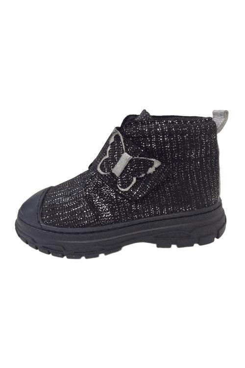 1001 Ridente Siyah Simli Parlak Patik Kız Çocuk Bot % 100 DERİ Kalın Tek Cırtlı