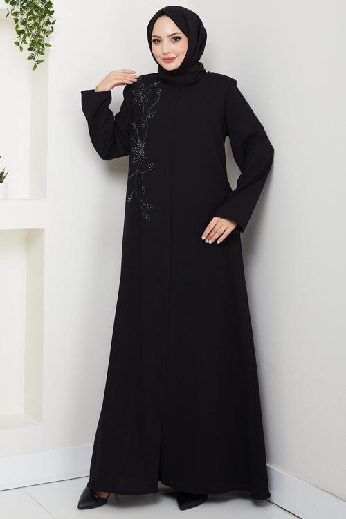 Çiçek Detay Taşlı Ferace Siyah HM2847