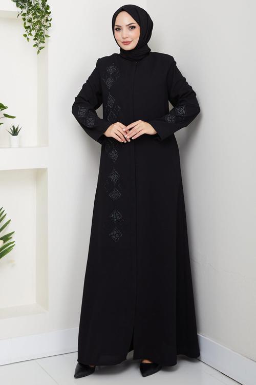 Deri İşlemeli Ferace Siyah HM2849