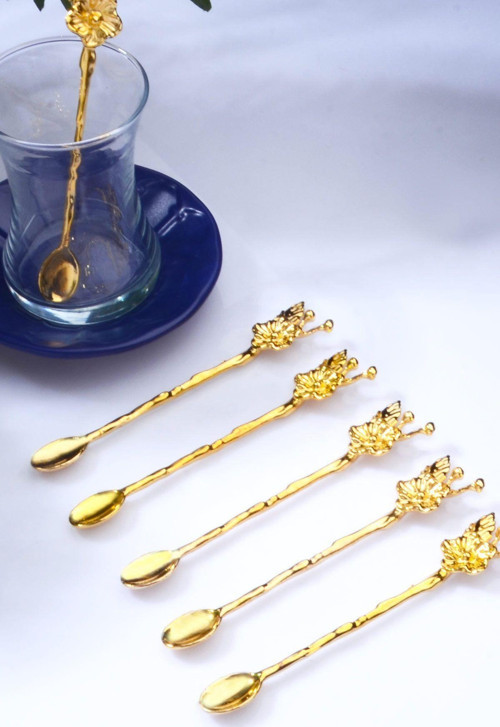 Gold 6'Lı Çiçek Desen Metal Çay Kaşığı - Dekoratif Kaşık
