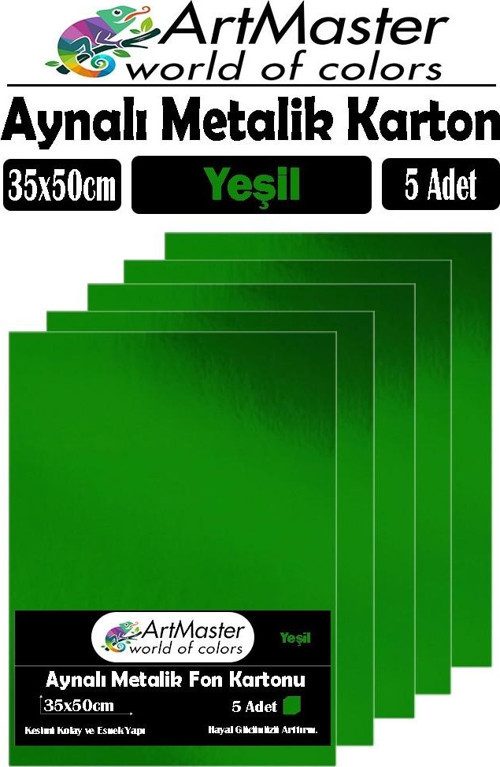 Yeşil Renkli 35x50 Metalik Aynalı Fon Kartonu 5 Adet 1 Paket ArtMaster Metalik Aynalı Fon Kartonu