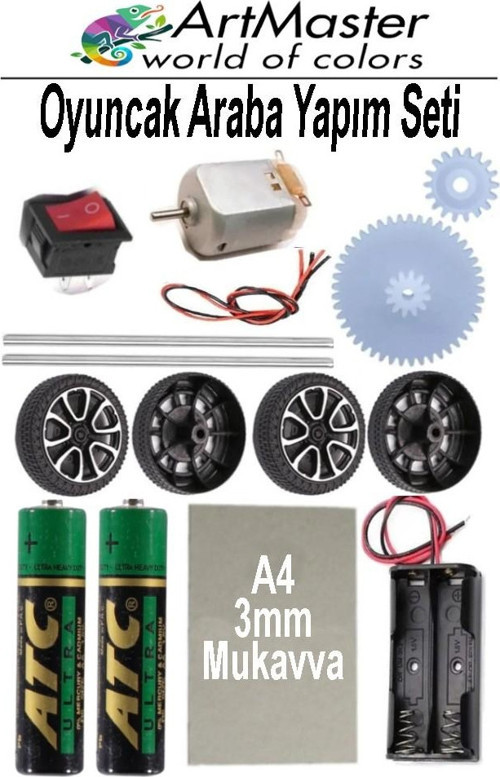 Oyuncak Araba Yapım Seti 1 Paket Okul Deney Dc Motor Çark Dişli Plastik Tekerlek 2 Adet Metal Şaft Proje Deney Seti