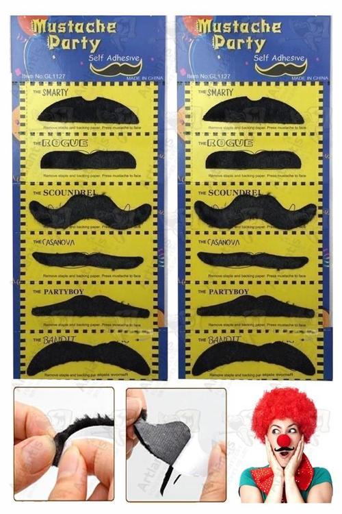 Takma Bıyık 6 Model 12 li 1 Paket Yapışkanlı Takma Bıyık Etkinlik Tiyatro Parti Eğlence Kendinden Bantlı