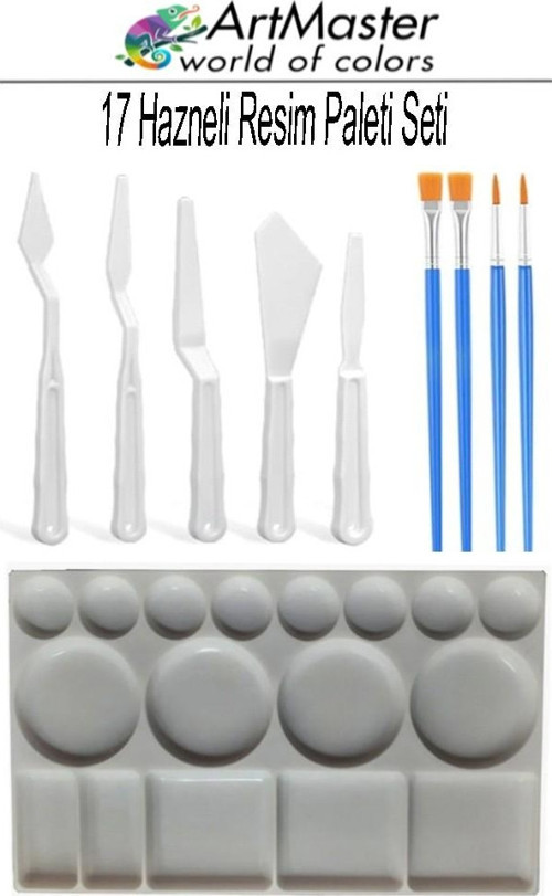Plastik 17 Hazneli Resim Paleti Masaüstü 5 Li Plastik Spatula Ve Resim Fırçası 1 Paket Palet Bıçağı Seti Ressam Sanat