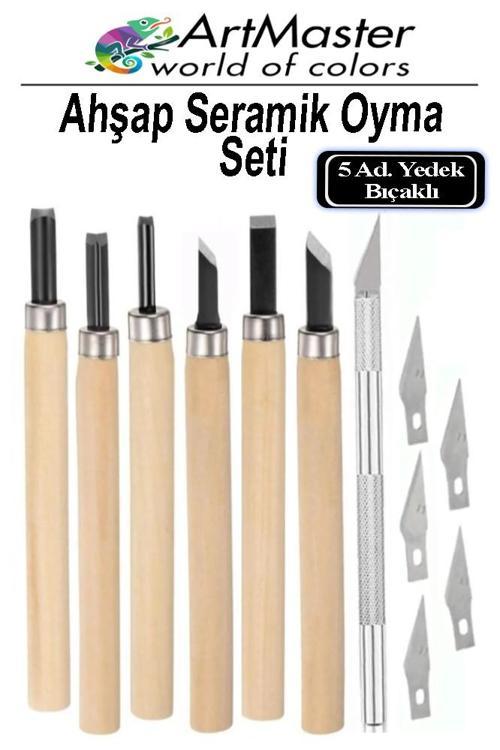 Seramik Oyma Seti Ahşap 6 lı Kretuar 1 Paket Paslanmaz Çelik Bıçaklı İskarpela Seti Hobi Heykel Ağaç Oyma Kretuar Gravür