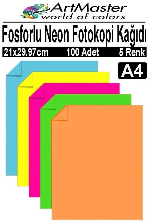 Fosforlu Neon Renkli A4 Fotokopi Kağıdı 100 Adet 1 Paket 21x29.7 cm Fosforlu 5 Renk Parlak Canlı Renkler Neon Fotokopi