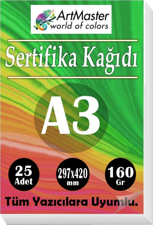 A3 Sertifika Kağıdı 25 Adet 160 Gram Kalın Fotokopi Kağıdı Tüm Yazıcılara Uyumlu 29.7x42 cm Kalın Baskı Kağıdı