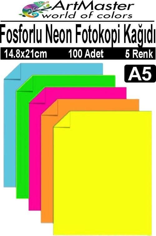 Fosforlu Neon Renkli A5 Fotokopi Kağıdı 100 Adet 1 Paket 14.8x21 cm Fosforlu 5 Renk Parlak Canlı Renkler Neon Fotokopi