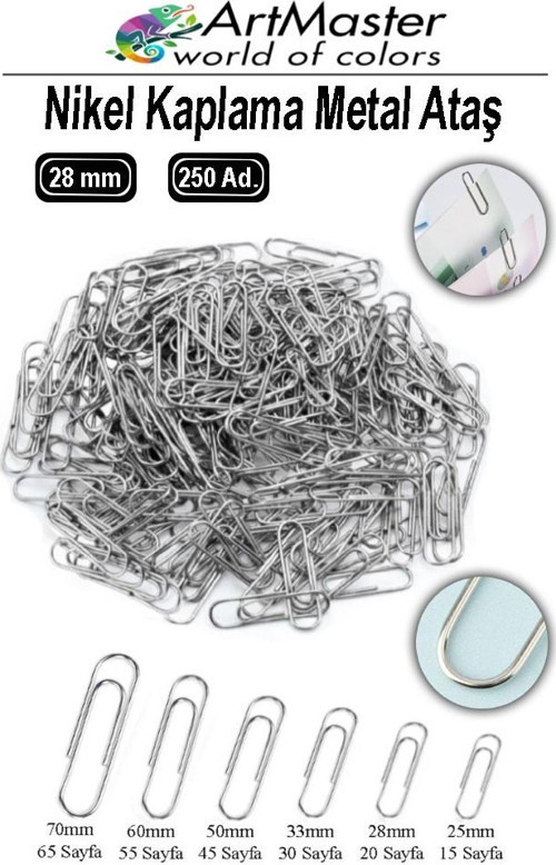 Metal Ataç 28mm 250 Li 1 Paket Nikel Kaplama 20 Sayfa Kapasiteli Metal Ataş Ofis Okul Büro Dayanıklı Paslanmaz