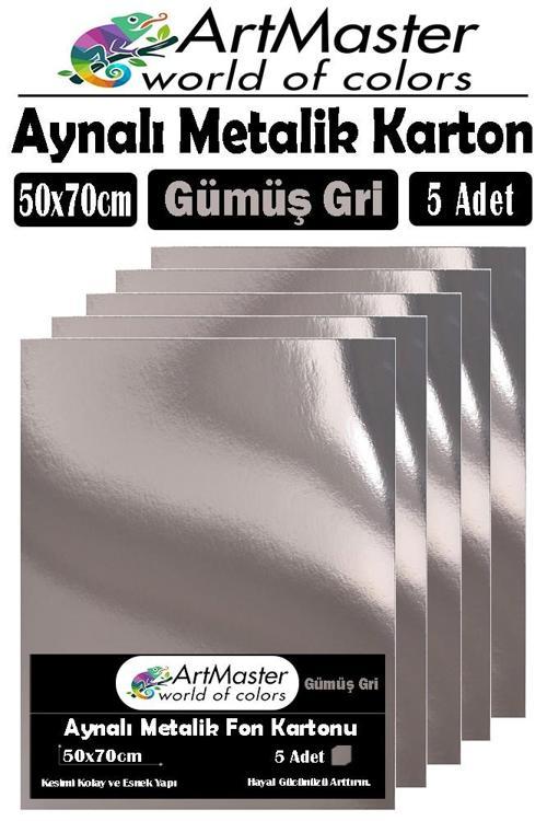 Gümüş Gri Renkli 50x70 Metalik Aynalı Fon Kartonu 5 Adet 1 Paket ArtMaster Metalik Aynalı Fon Kartonu