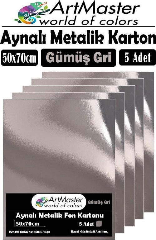 Gümüş Gri Renkli 50x70 Metalik Aynalı Fon Kartonu 5 Adet 1 Paket ArtMaster Metalik Aynalı Fon Kartonu