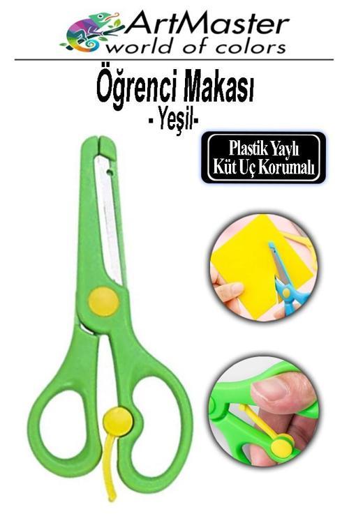 Öğrenci Makası Yeşil 1 Adet Plastik Küt Uç Yaylı Korumalı Çocuk Makası Ana Sınıfı Okul Makası Okul Öncesi Kreş