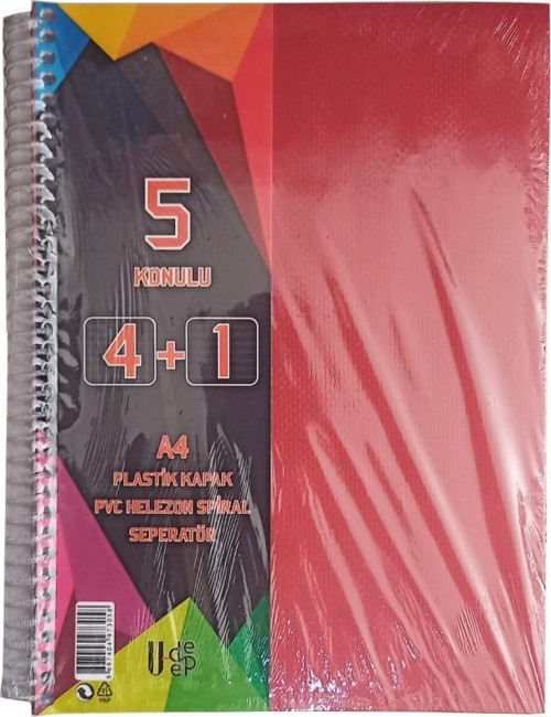 4+1 Ayraçlı Defter 5 Konulu 125 Yaprak 1 Adet 4 Kareli 1 Çizgili Spralli Plastik Kapak Seperatörlü