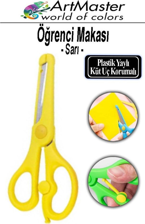 Öğrenci Makası Sarı 1 Adet Plastik Küt Uç Yaylı Korumalı Çocuk Makası Ana Sınıfı Okul Makası Okul Öncesi Kreş