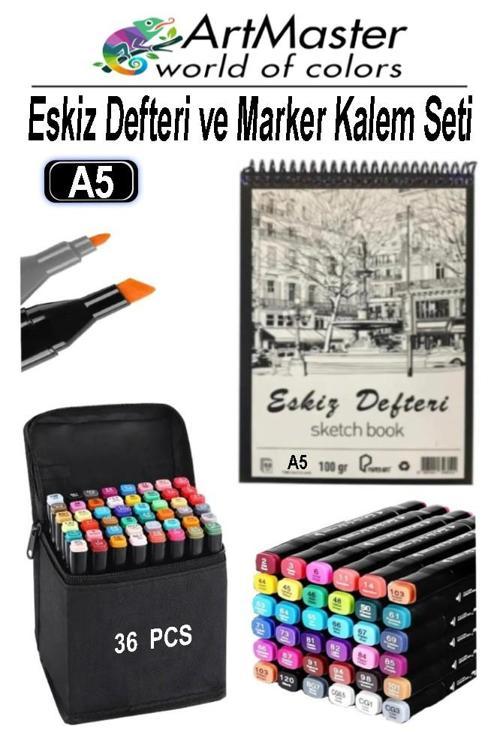 A5 Eskiz Defteri 50 Yaprak 100 gr 1 Adet 36 Renk Marker Kalem Çift Taraflı Touch Çift Uçlu Eskiz Defteri Boya Seti