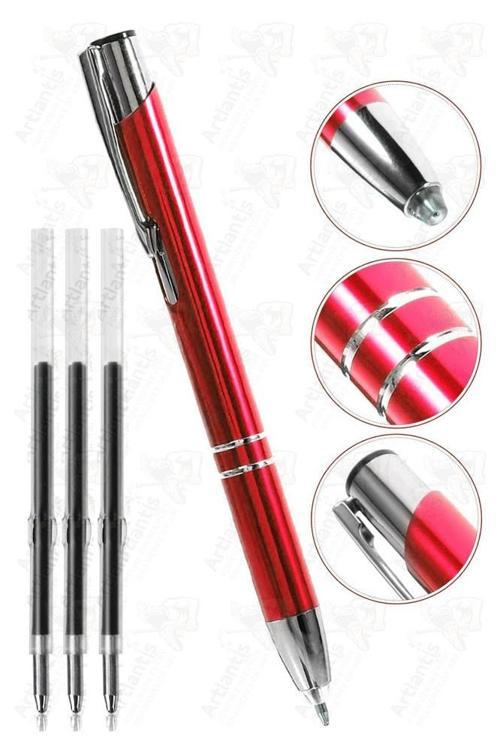 Kırmızı Kısa Boylu Metal Tükenmez Kalem 1 Adet Yedek Uçlu Mavi Renkli Cep Kalemi Tükenmez Basmalı Mikro 1001 Mekanizmalı