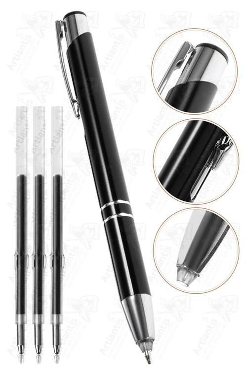 Siyah Kısa Boylu Metal Tükenmez Kalem 1 Adet Yedek Uçlu Mavi Renkli Cep Kalemi Tükenmez Basmalı Mikro 1001 Mekanizmalı