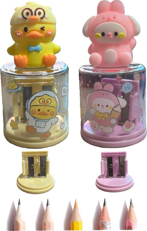 Mini Figürlü Sevimli 2 li Kalem tıraş 2 Adet Hazneli Kalemtıraş Çift Bıçaklı Kalem Açacağı Figürlü No2 Jumbo ve Standart