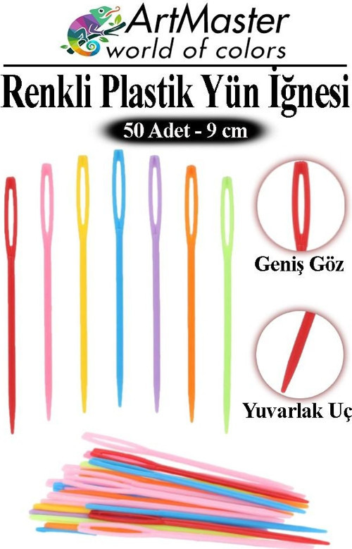 Plastik Yün İğnesi Renkli 50 Adet 9 cm Dikiş İğnesi Plastik İğne İplik İğnesi Dokuma İğnesi Örgü Dikme Dikiş