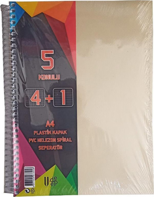 4+1 Ayraçlı Defter 5 Konulu 125 Yaprak 1 Adet 4 Kareli 1 Çizgili Spralli Plastik Kapak Seperatörlü