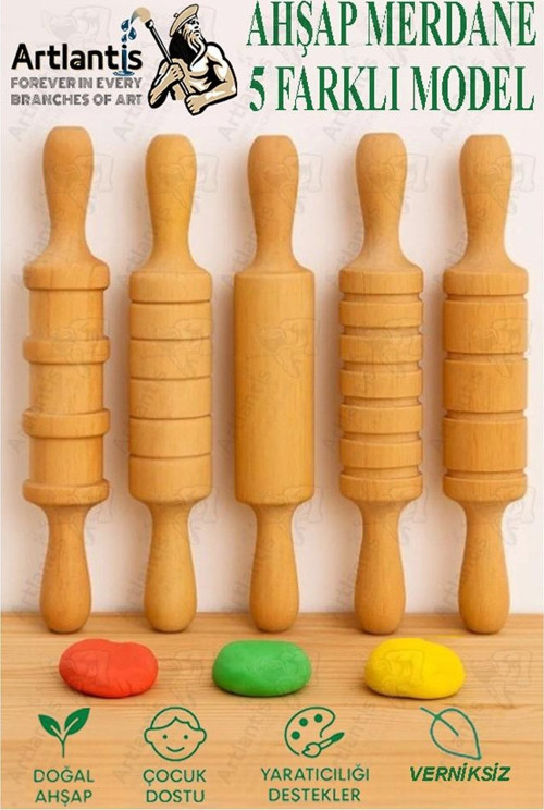 Ahşap Merdane Seti 5 li 1 Paket Oyun Hamuru Şekillendirici ve Gıda İçin Uygun Naturel Merdane Seti 17 cm