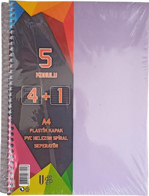 4+1 Ayraçlı Defter 5 Konulu 125 Yaprak 1 Adet 4 Kareli 1 Çizgili Spralli Plastik Kapak Seperatörlü