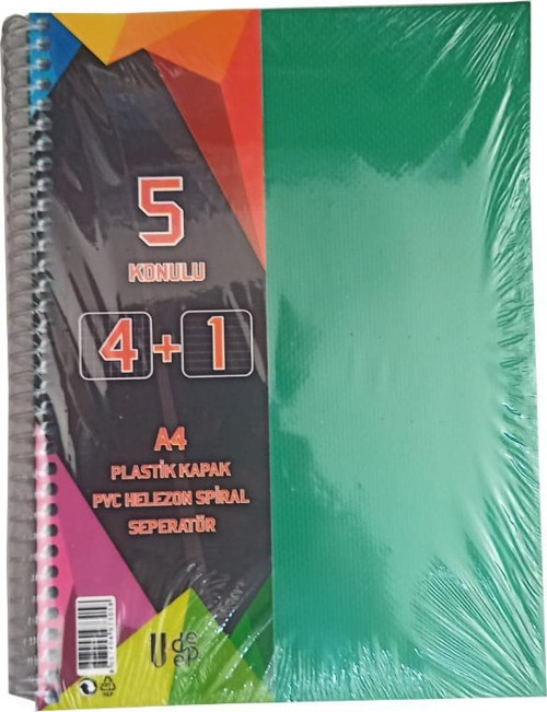 4+1 Ayraçlı Defter 5 Konulu 125 Yaprak 1 Adet 4 Kareli 1 Çizgili Spralli Plastik Kapak Seperatörlü