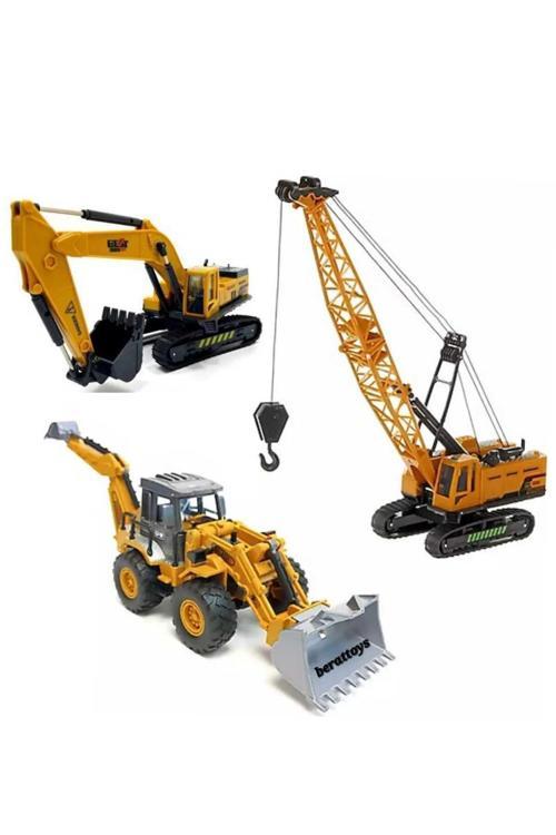 3Lü Set Oyuncak İş Makinaları Vinç Kepçe Dozer İnşaat Set İş Araçları Kırılmaz Oyuncaklar