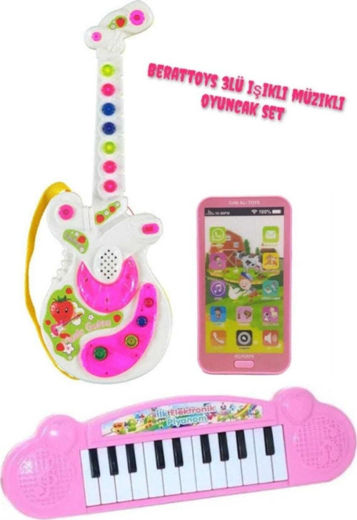 3Lü Eğitici Set Türkçe Müzikli Gitar&Dokunmatik Telefon&22 Tuş Piyano