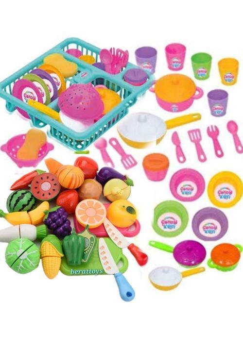 Oyuncak 21Pcs Bulaşıklık Seti+28Pcs Kesilebilen Oyuncak Meyve Sebze Set Evcilik Oyun Set