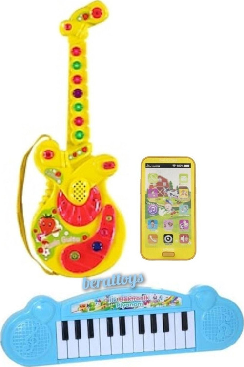 Pilli Müzikli Gitar(35Cm)&Işıklı Müzikli Telefon(15Cm)Mini Piyano 30 Cm