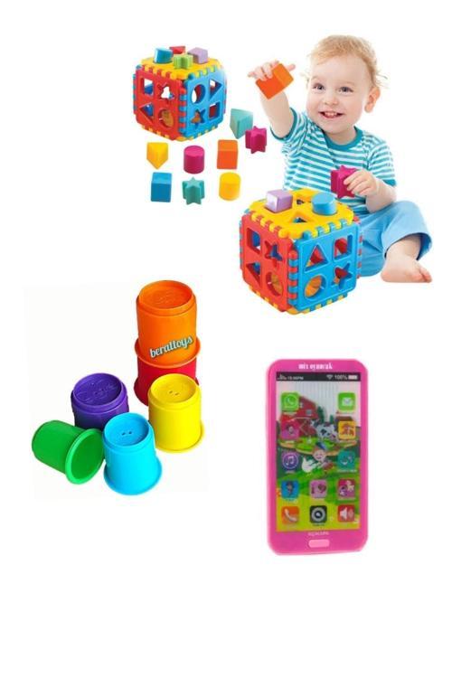 3Lü Eğitici Set Bultak Küp Eğitici Kule Oyunu Pilli Oyuncak Cep Telefonu Işıklı Müzikli