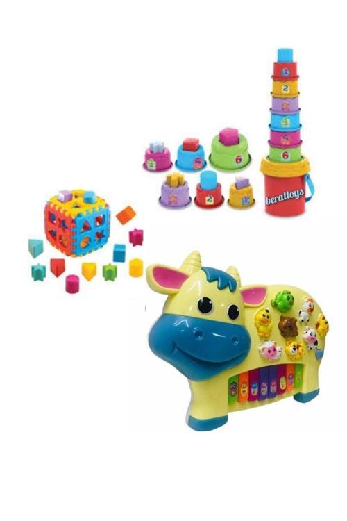 Eğitici Set Bultak Küp+Eğitici Neşeli Kule Pilli Işıklı Müzikli Hayvan Sesli Piyano