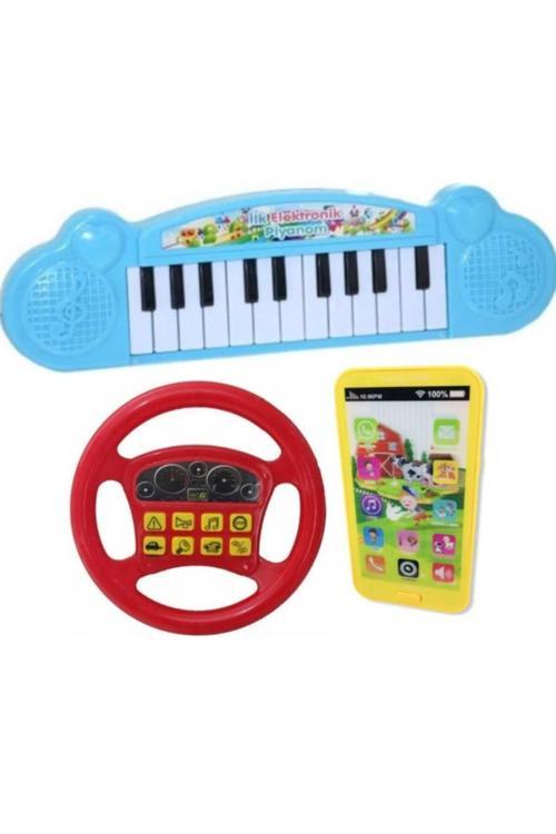 Müzikli Oyuncak 3Lü Set Oyuncak Direksiyon&Telefon&Piyano Eğitici Set Pilli Oyuncak Kırmız