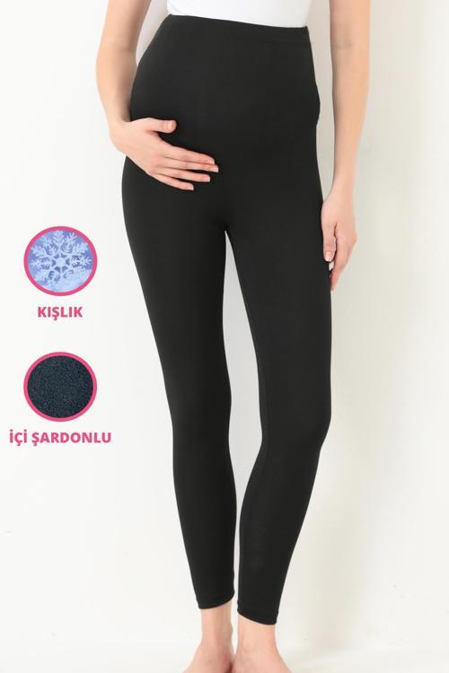 Siyah Şardonlu Beli Ayarlanabilir Yüksek Bel Hamile Tayt