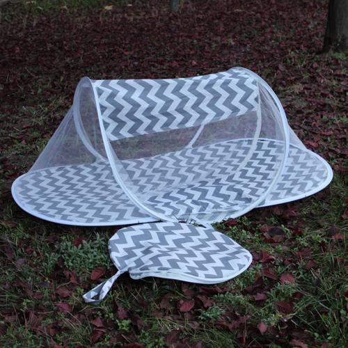 Çantalı Katlanabilir Bebek Cibinlik Gölgelik Çadırı 60X120 cm  Gri Zigzag Desenli Sinek ve Haşere Koruma